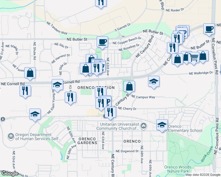 map of restaurants, bars, coffee shops, grocery stores, and more near 1170 Northeast 64th Lane in Hillsboro