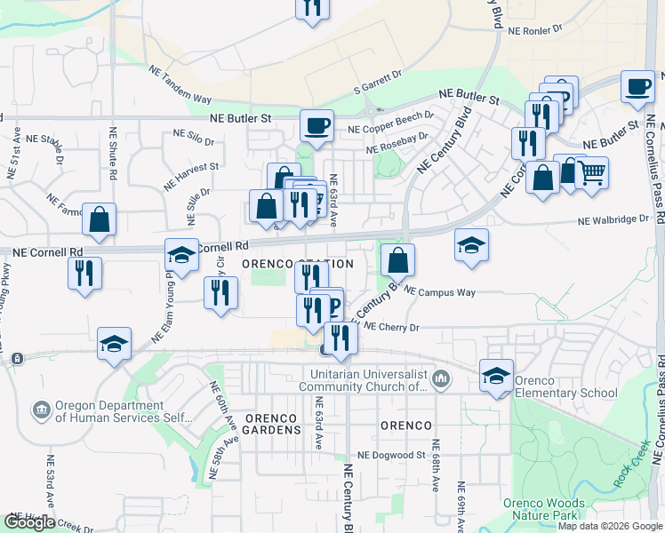 map of restaurants, bars, coffee shops, grocery stores, and more near 6290 Northeast Carillion Drive in Hillsboro