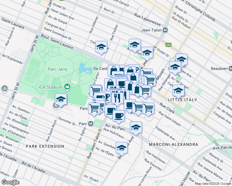 map of restaurants, bars, coffee shops, grocery stores, and more near in Montreal