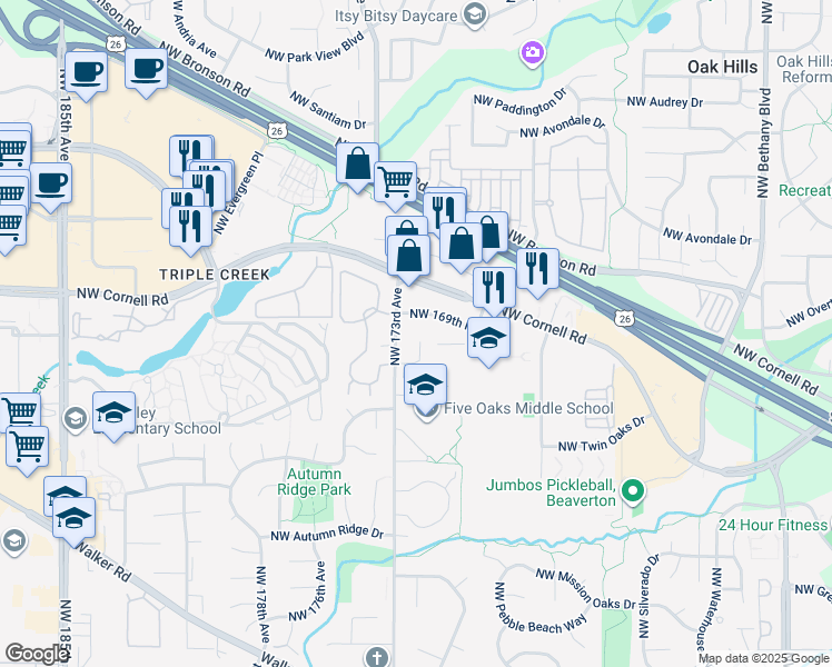 map of restaurants, bars, coffee shops, grocery stores, and more near 1870 Northwest 173rd Avenue in Beaverton