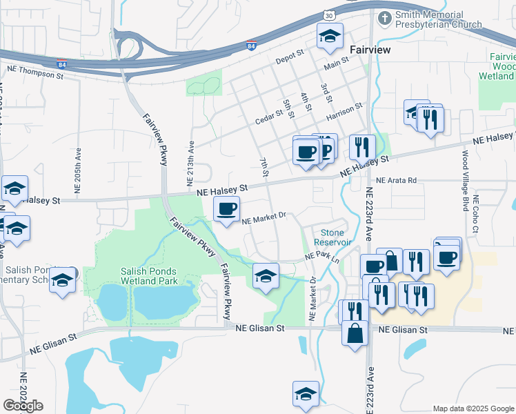 map of restaurants, bars, coffee shops, grocery stores, and more near 1635 Northeast Market Drive in Fairview