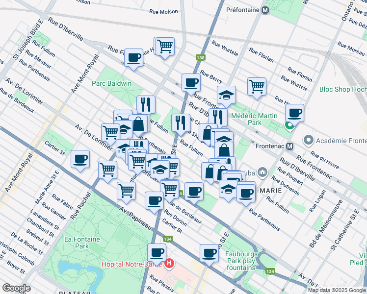 map of restaurants, bars, coffee shops, grocery stores, and more near 2520 Rue Fullum in Montréal