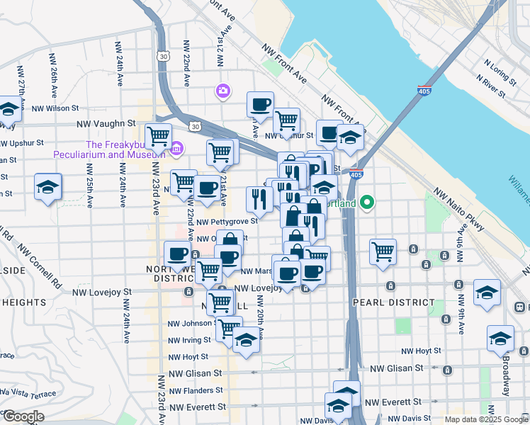 map of restaurants, bars, coffee shops, grocery stores, and more near 1420 Northwest 20th Avenue in Portland