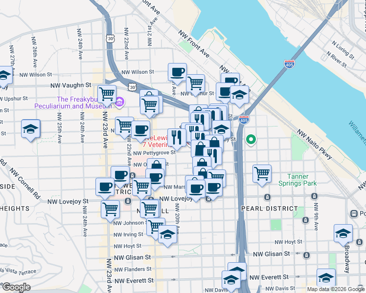 map of restaurants, bars, coffee shops, grocery stores, and more near 2010 Northwest Pettygrove Street in Portland