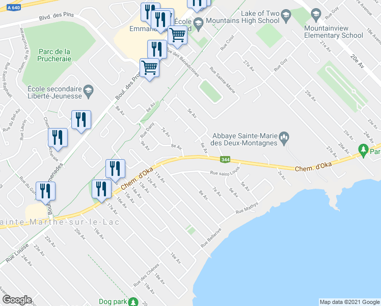 map of restaurants, bars, coffee shops, grocery stores, and more near 2889 Chemin d'Oka in Sainte-Marthe-sur-le-Lac