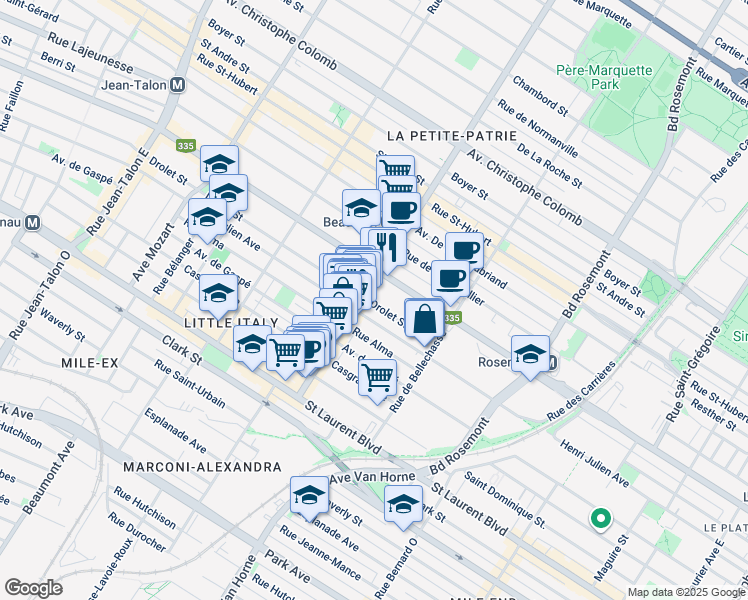 map of restaurants, bars, coffee shops, grocery stores, and more near 6409 Rue Drolet in Montréal
