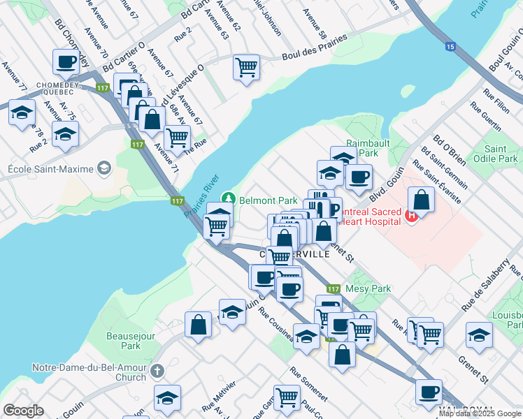 map of restaurants, bars, coffee shops, grocery stores, and more near 12465 Avenue de Rivoli in Montréal
