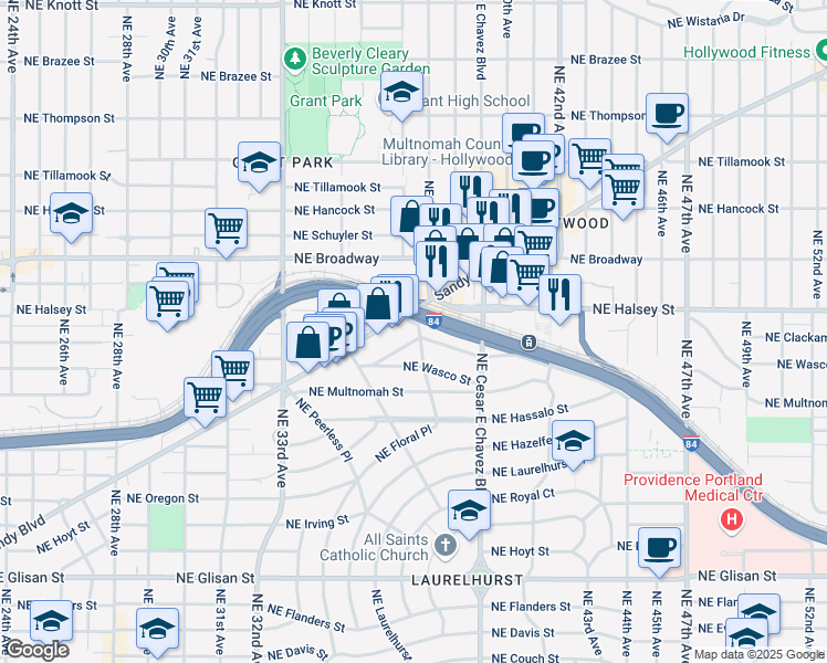 map of restaurants, bars, coffee shops, grocery stores, and more near 1411 Northeast 37th Avenue in Portland