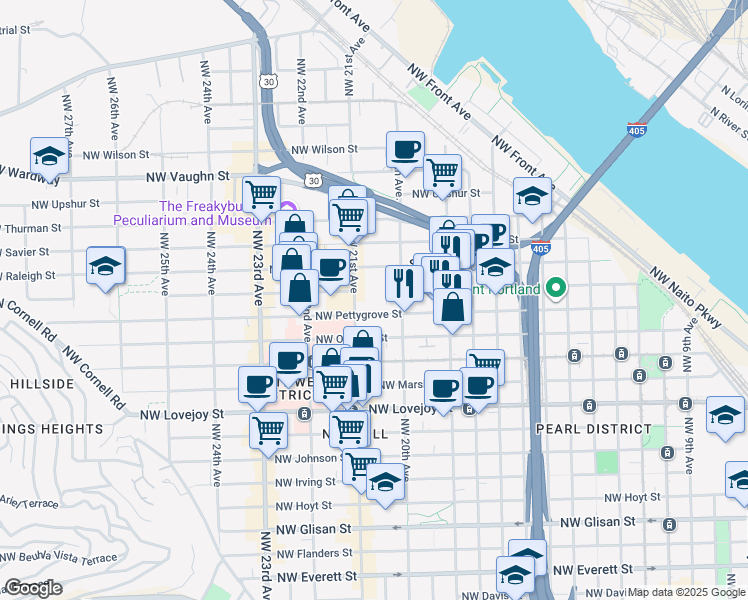 map of restaurants, bars, coffee shops, grocery stores, and more near 2050 Northwest Raleigh Street in Portland
