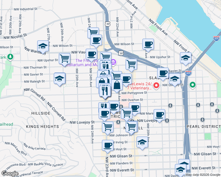 map of restaurants, bars, coffee shops, grocery stores, and more near 2256 Northwest Quimby Street in Portland