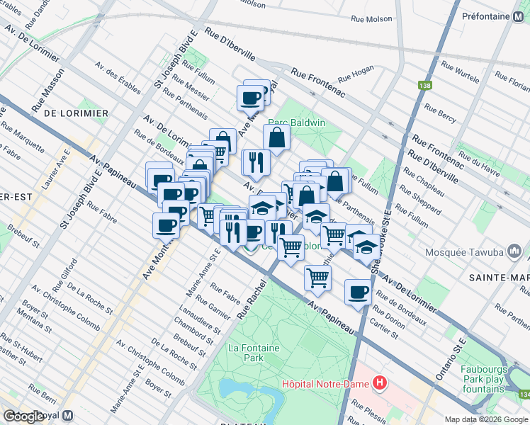 map of restaurants, bars, coffee shops, grocery stores, and more near 4305 Rue de Bordeaux in Montréal