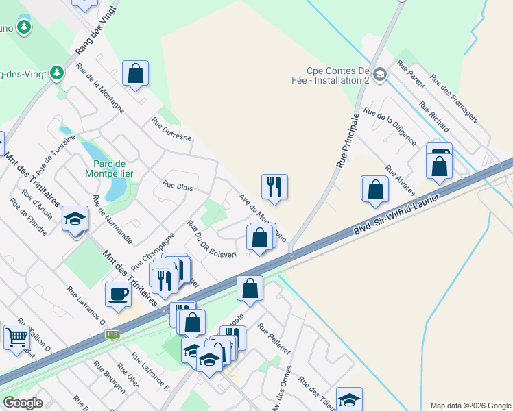 map of restaurants, bars, coffee shops, grocery stores, and more near 23 Avenue du Mont-Bruno in Saint-Basile-le-Grand