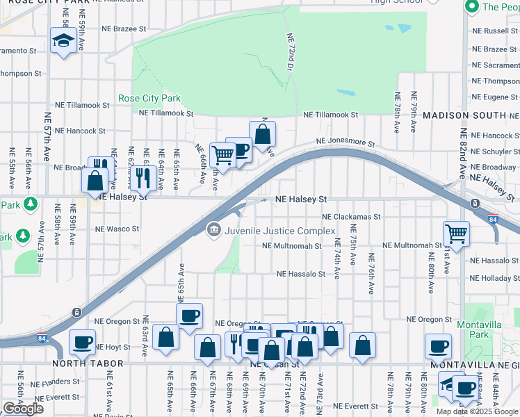 map of restaurants, bars, coffee shops, grocery stores, and more near 1321 Northeast 69th Avenue in Portland