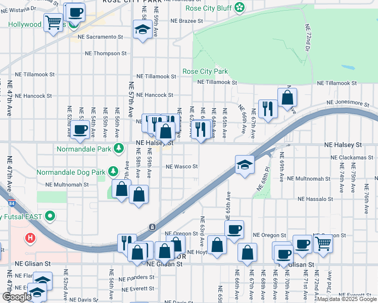 map of restaurants, bars, coffee shops, grocery stores, and more near 6233 Northeast Wasco Street in Portland