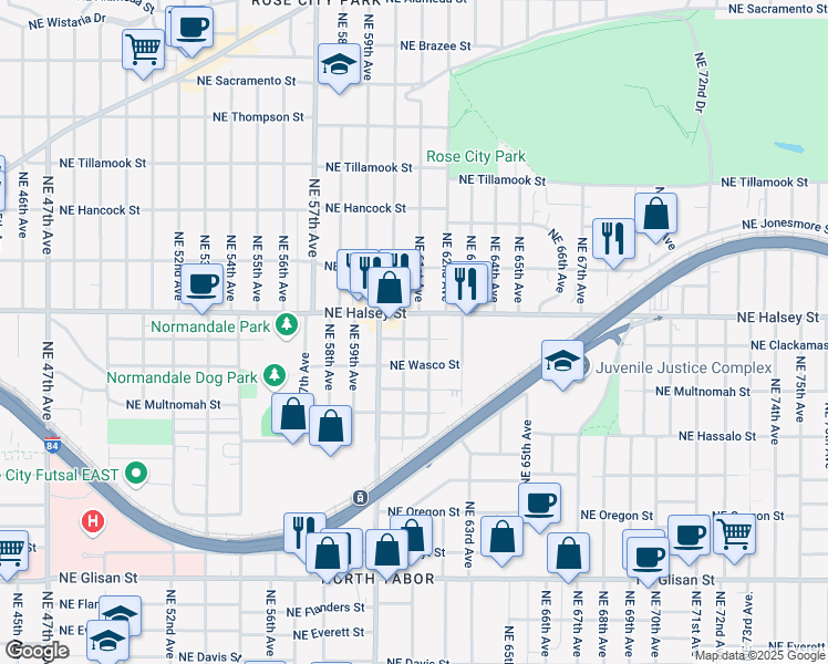 map of restaurants, bars, coffee shops, grocery stores, and more near 6103 Northeast Wasco Street in Portland