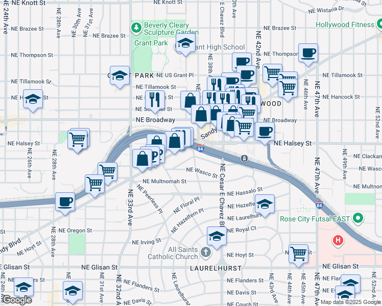 map of restaurants, bars, coffee shops, grocery stores, and more near 3705 Northeast Wasco Street in Portland