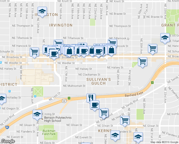 map of restaurants, bars, coffee shops, grocery stores, and more near 2103-2105 Northeast Wasco Street in Portland