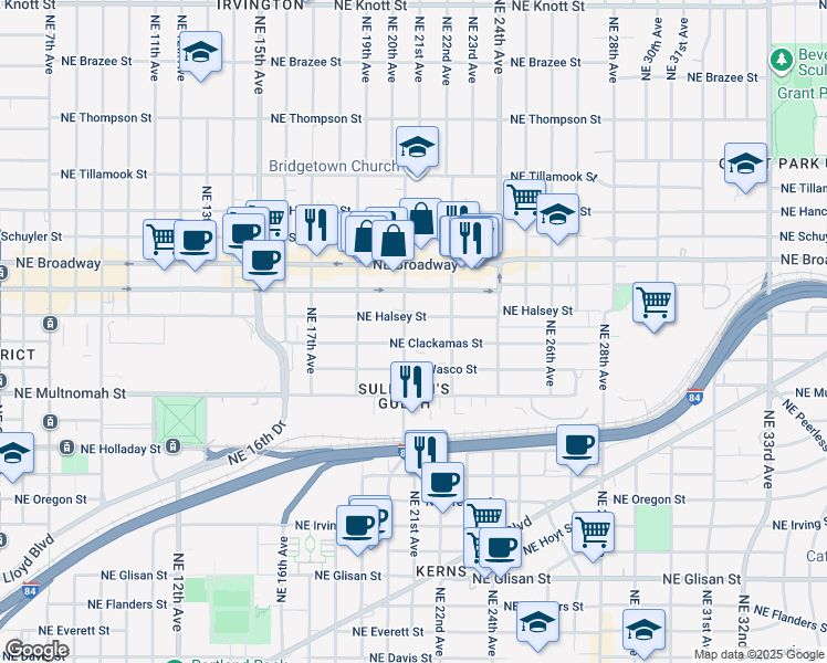 map of restaurants, bars, coffee shops, grocery stores, and more near 2103-2105 Northeast Wasco Street in Portland