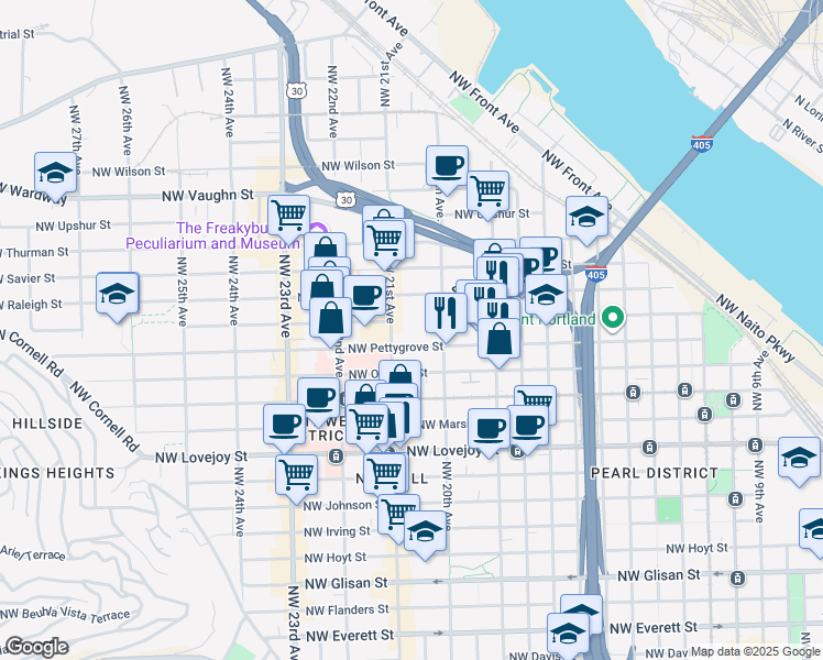 map of restaurants, bars, coffee shops, grocery stores, and more near in Portland