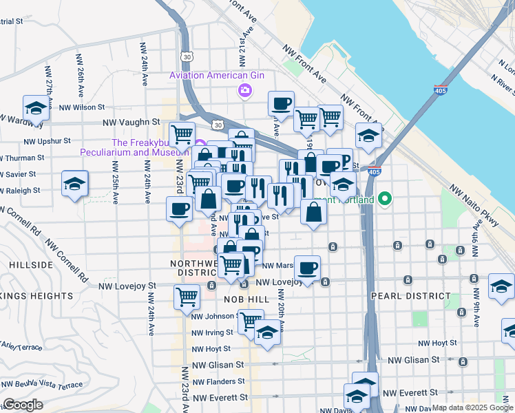 map of restaurants, bars, coffee shops, grocery stores, and more near in Portland