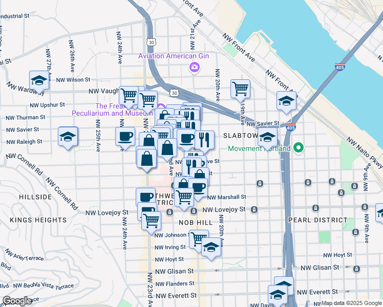 map of restaurants, bars, coffee shops, grocery stores, and more near 2145 Northwest Overton Street in Portland