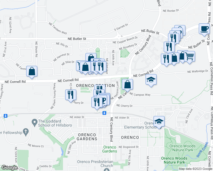 map of restaurants, bars, coffee shops, grocery stores, and more near 6290 Northeast Carillion Drive in Hillsboro
