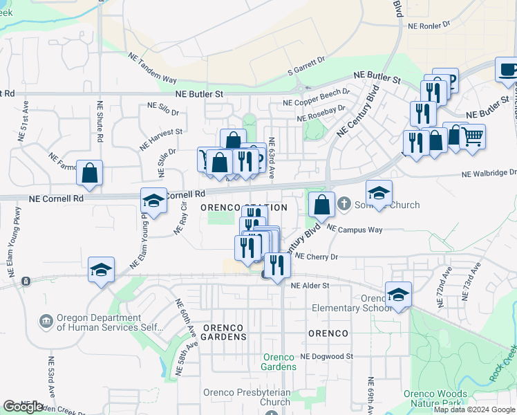 map of restaurants, bars, coffee shops, grocery stores, and more near 6290 Northeast Carillion Drive in Hillsboro