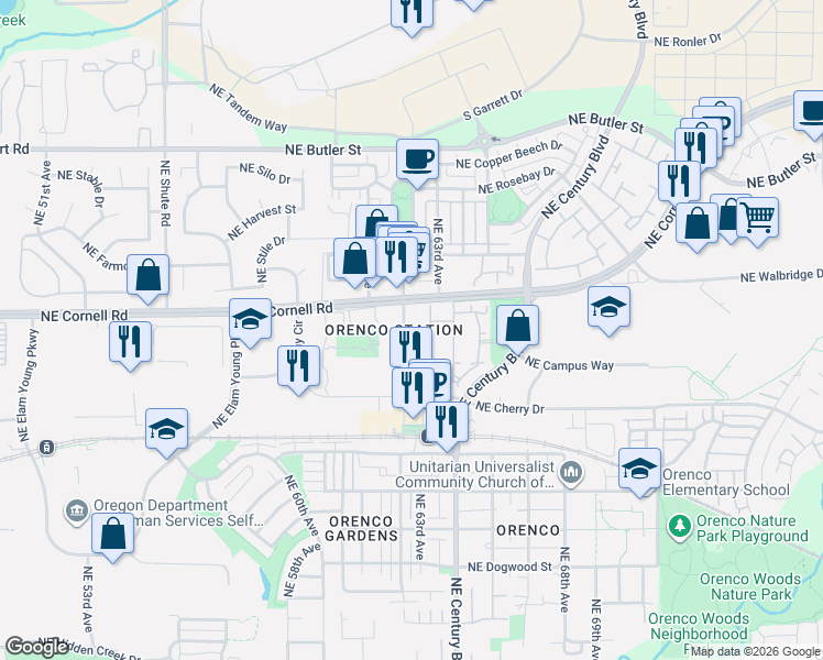 map of restaurants, bars, coffee shops, grocery stores, and more near 6290 Northeast Carillion Drive in Hillsboro