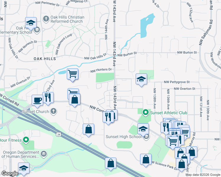 map of restaurants, bars, coffee shops, grocery stores, and more near 1789 Northwest 143rd Avenue in Portland