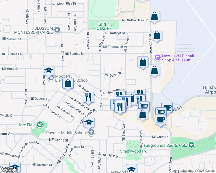 map of restaurants, bars, coffee shops, grocery stores, and more near 1821 Northeast Barberry Drive in Hillsboro