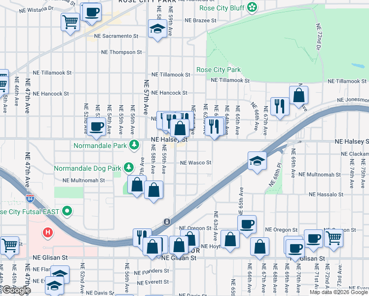 map of restaurants, bars, coffee shops, grocery stores, and more near 6103 Northeast Wasco Street in Portland