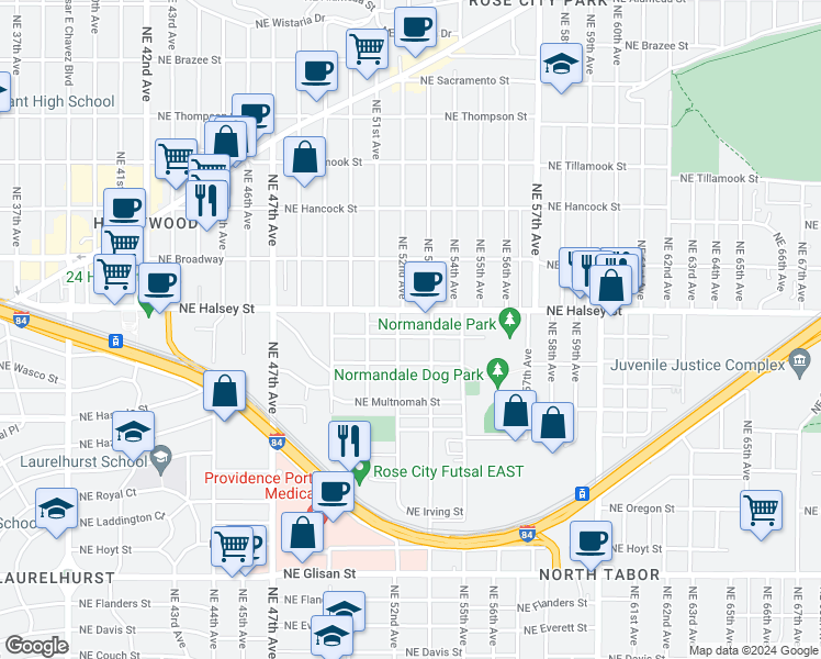 map of restaurants, bars, coffee shops, grocery stores, and more near 1314 Northeast 52nd Avenue in Portland