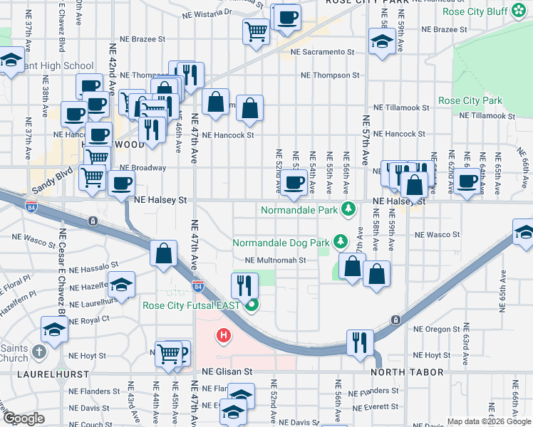 map of restaurants, bars, coffee shops, grocery stores, and more near 1314 Northeast 52nd Avenue in Portland