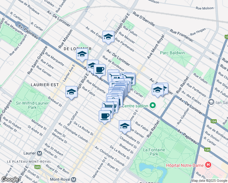 map of restaurants, bars, coffee shops, grocery stores, and more near 4584 Avenue Papineau in Montréal