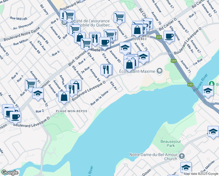 map of restaurants, bars, coffee shops, grocery stores, and more near 3919 Rue de la Seine in Laval