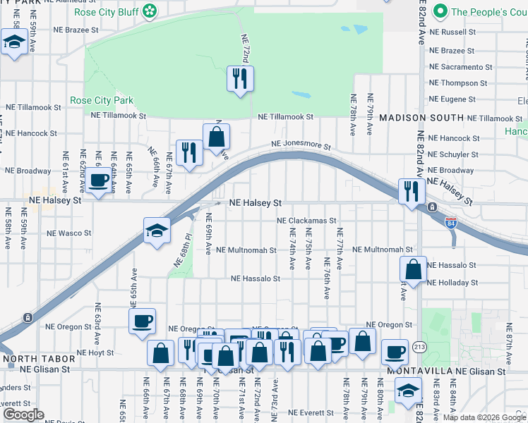 map of restaurants, bars, coffee shops, grocery stores, and more near 1430 Northeast 72nd Avenue in Portland