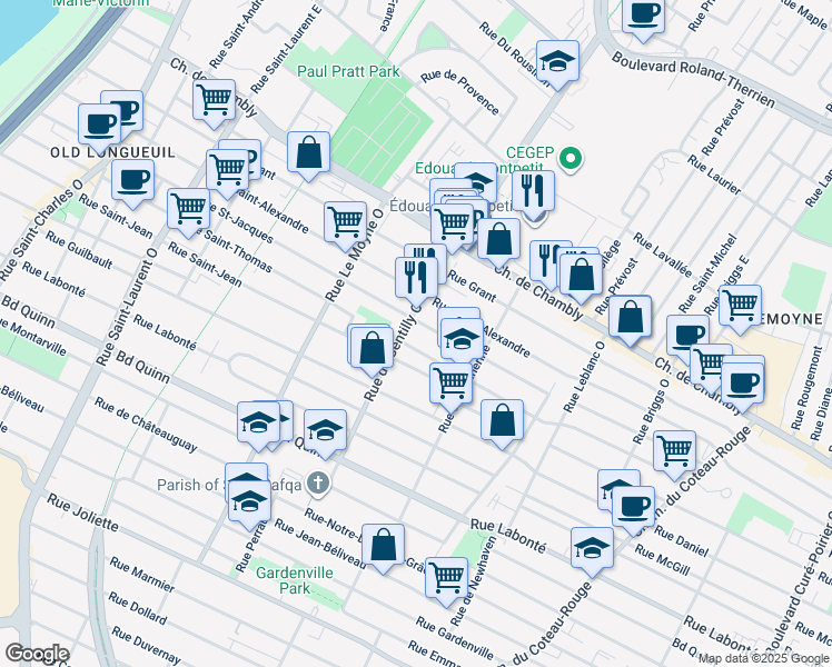 map of restaurants, bars, coffee shops, grocery stores, and more near 212 Rue de Gentilly Ouest in Longueuil