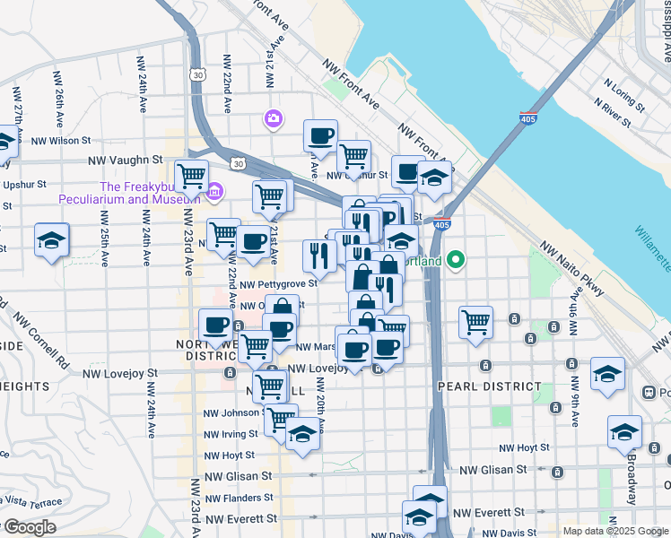map of restaurants, bars, coffee shops, grocery stores, and more near 2010 Northwest Pettygrove Street in Portland