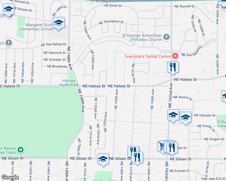map of restaurants, bars, coffee shops, grocery stores, and more near 15412 Northeast Halsey Street in Portland