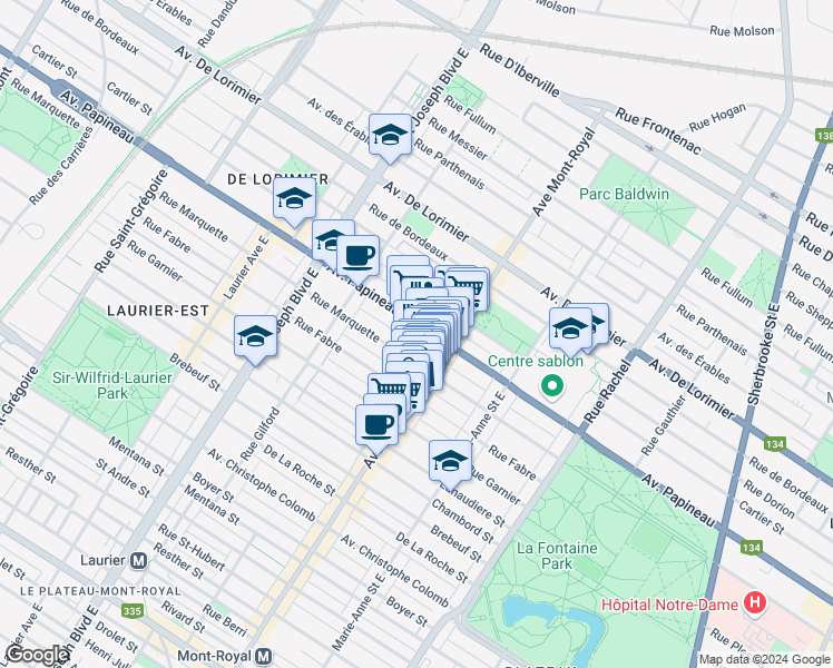 map of restaurants, bars, coffee shops, grocery stores, and more near 4576 Avenue Papineau in Montréal