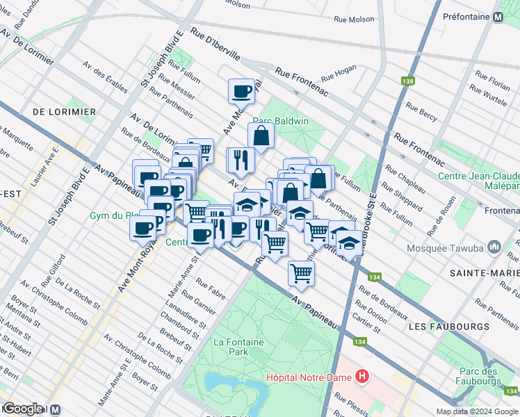 map of restaurants, bars, coffee shops, grocery stores, and more near 4260 Avenue De Lorimier in Montréal