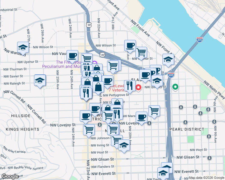 map of restaurants, bars, coffee shops, grocery stores, and more near 2145 Northwest Overton Street in Portland
