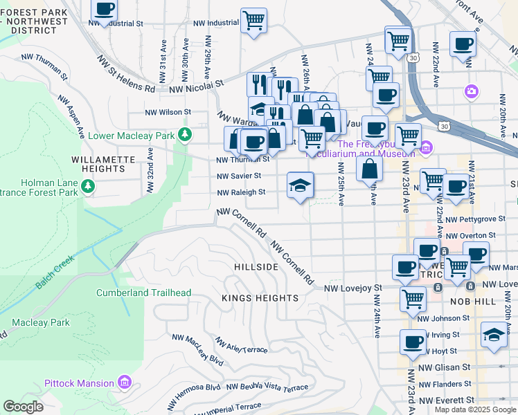map of restaurants, bars, coffee shops, grocery stores, and more near 2730 Northwest Pettygrove Street in Portland
