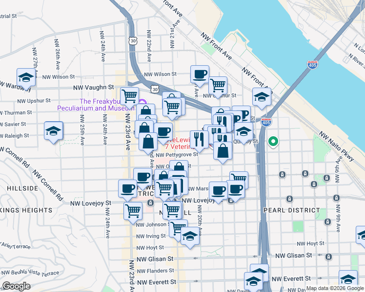 map of restaurants, bars, coffee shops, grocery stores, and more near 2070 Northwest Quimby Street in Portland