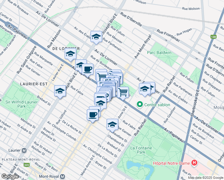 map of restaurants, bars, coffee shops, grocery stores, and more near in Montreal