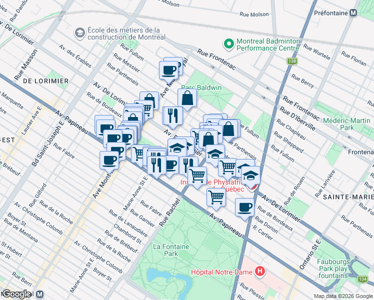 map of restaurants, bars, coffee shops, grocery stores, and more near 4258 Avenue De Lorimier in Montréal