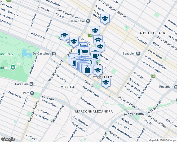 map of restaurants, bars, coffee shops, grocery stores, and more near 39 Rue Dante in Montréal