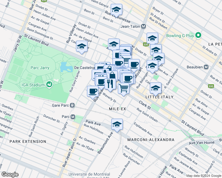 map of restaurants, bars, coffee shops, grocery stores, and more near 7145 Rue Saint-Urbain in Montréal