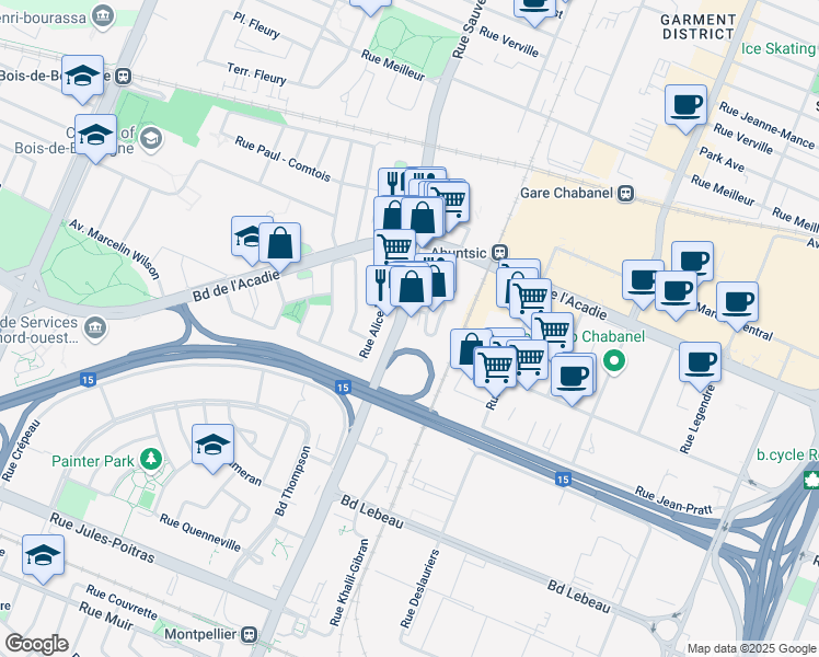 map of restaurants, bars, coffee shops, grocery stores, and more near in Montréal