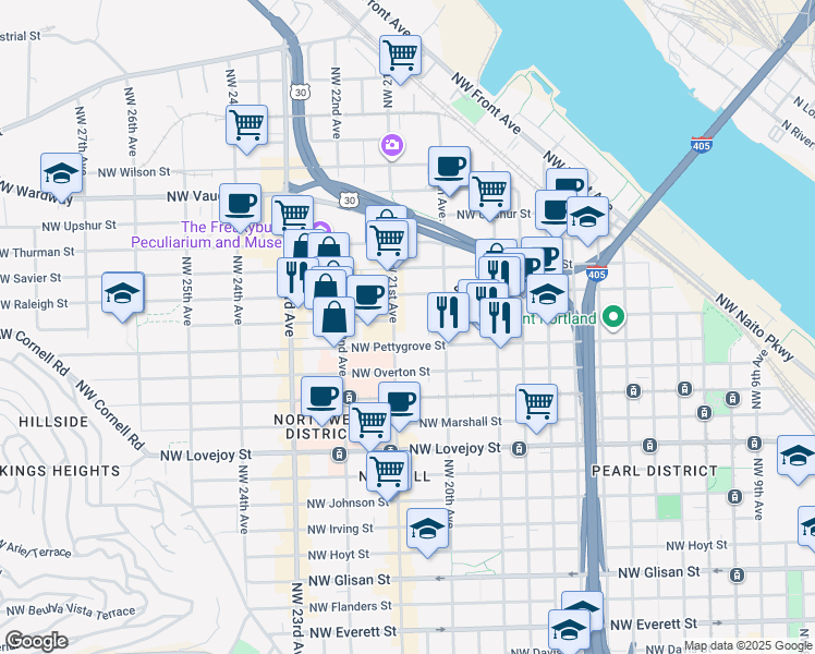 map of restaurants, bars, coffee shops, grocery stores, and more near 2050 Northwest Raleigh Street in Portland